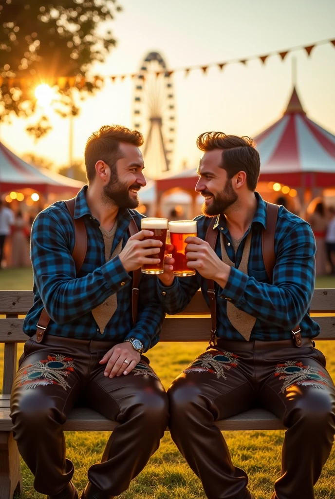 Two men sitting on a park bench holding large beer glasses in one hand, the men wear dark blue checked lumberjack shirts and traditional leather trousers decorated with embroidery, it is a scene at a folk festival, In the background there is a beer tent and a Ferris wheel, the sun shines warm and golden from a cloudless sky