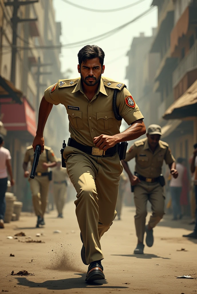 Indian police man with gun run thif