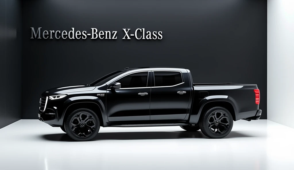 A stunning, futuristic pickup truck(Benz x class pickup truck 2025 ) takes center stage in a luxury white showroom. The vibrant (black) exterior gleams, drawing attention to its sleek, aerodynamic design and bold accents. The pick up truck( Mercedes Benz S-Class pickup truck 2025) " is prominently displayed in large, metallic letters on the pick up truck, set against a dark wall. The ( front side) view showcases the cutting-edge innovation and technology of its time, inviting potential buyers to experience the future of automotive design and performance. This awe-inspiring image promises an unparalleled driving experience.