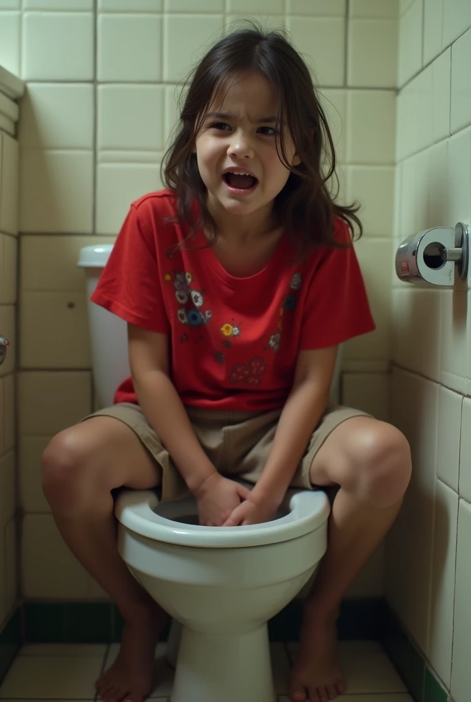 A girl sitting on commode,, wearing red shirt, trouser unwear upto knees, straining for stool,