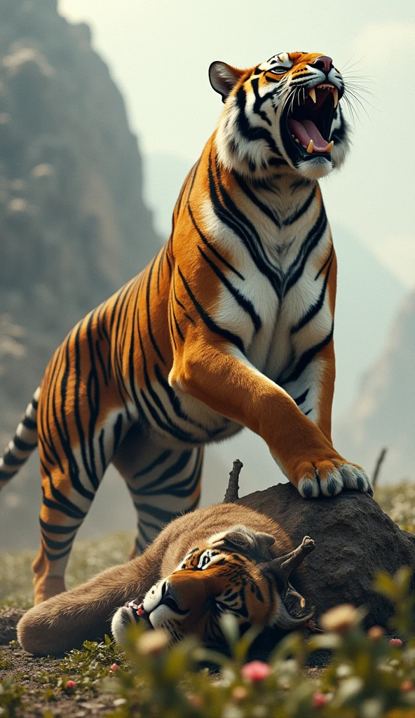 A tiger stands triumphantly on the lifeless body of a deer, roaring fiercely. The scene is set against a rugged, stony spring field, with the tigers's powerful presence dominating the desolate landscape.