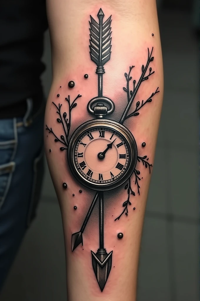 Arrow tattoo with a compass and pocket watch and realistic trails