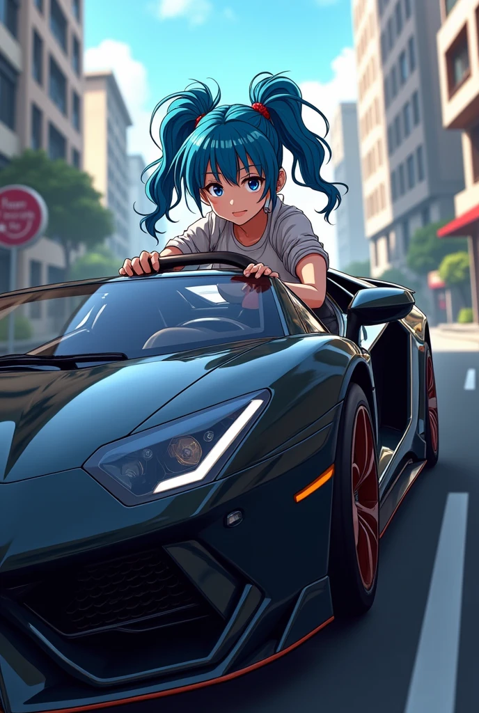 1 anime girl with blue hair and ponytail driving a black car with coolness