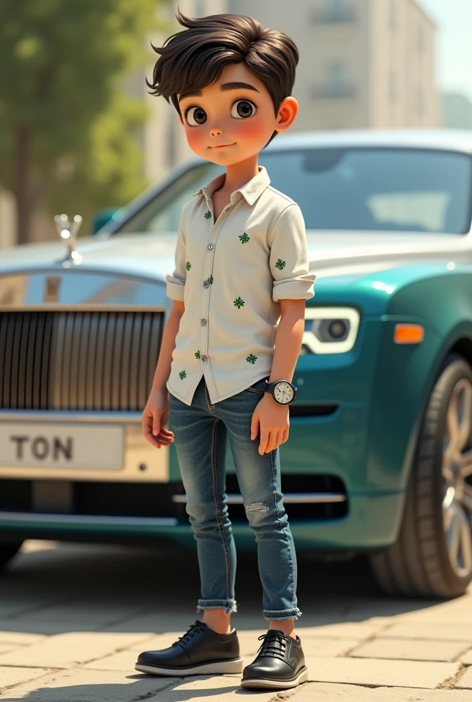 A boy who was cute and smart, tall with white shirt with green very small flowers and blue jeans with white spots and black eyeballs and black shoes with Rolls-Royce car with Rolex watch in his hand