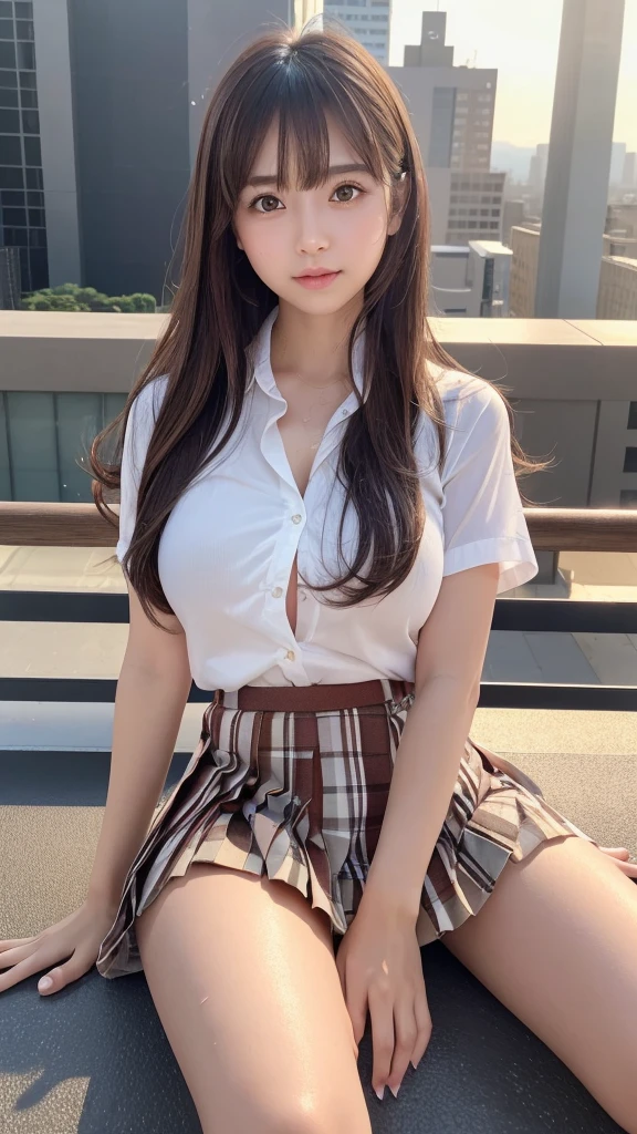 masterpiece,Highest quality,1 person,1,Cowboy Shot,Front view,Young and cute Japan,A small smile,Lunch break,((rooftop,Beautiful red sunset)),((the wind is strong:1.5)),((Long flowing hair:1.5)),((Skirt flip:1.5)),Schoolgirl uniform,Summer clothes,wear,((Ultra-mini check pattern pleated mini skirt:1.5)),No underwear,No pants,Very cute face,Baby Face,Shiny唇,Big eyes,Brown eyes,Double eyelids on both eyes,(Natural Makeup),Shiny, Smooth, Long light brown hair,Asymmetrical bangs,Center image,8k resolution,Attention to detail,Detailed hairstyle,Detailed face,Cinema Lighting,Octane Rendering,Ultra-realistic,Perfect limbs,Beautiful feet,Voluptuous thighs,Huge breasts,(Glowing Skin,Sweaty:1.3)Perfect Anatomy,((Natural relaxed pose:1.3))