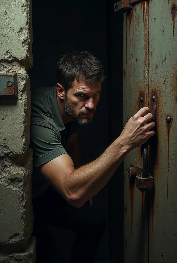 A man trying to open a cell with lock using a key