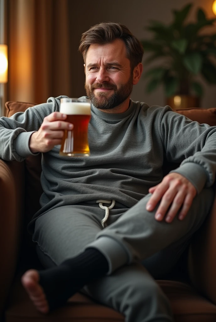 average middle aged Finnish man, sitting on a dark brown couch, open thighs, arms in a relaxed position on the backrest with a Rauchbier in one hand, slightly embarrassed soft smile, short brown hair with Turkish style haircut, short chinstrap beard, wearing sweatpants and a sweatshirt with black socks