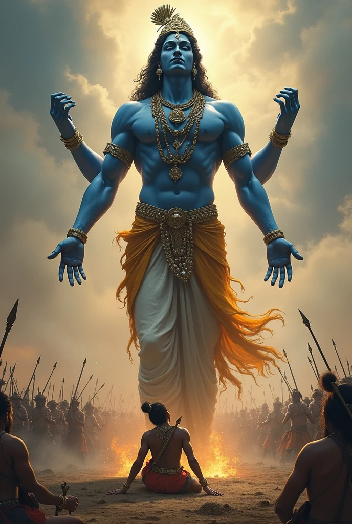 According to the chapter written in the book, Lord Shri Krishna is standing in the middle of the Mahabharata war in his gigantic form and bowing at the feet bowing down and paying respects to Arjuna at his feet Below this, the Instagram account username is @manishrathod07_