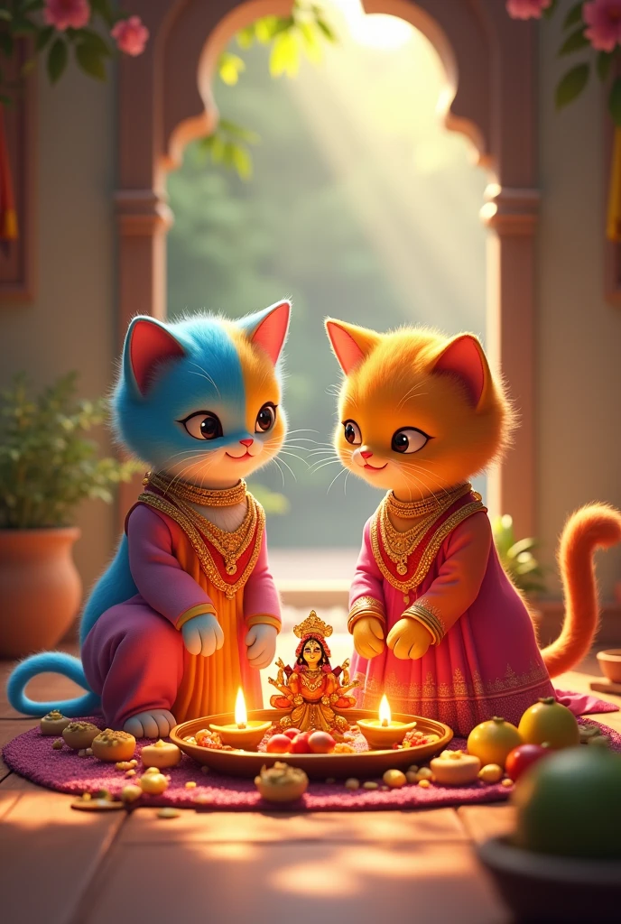 Prompt 9**: A serene image of the small altar set up by hansome rainbow coloured cat male character and Meera, is female character of rainbow coloured cat with marigold flowers,and both characters are wearing a traditional dresses for temple, an idol of baby radhakrishna oil lamps, and an offering of sweets and fruits.
