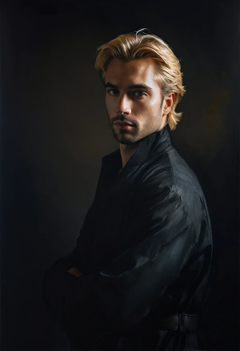 painting of a handsome man, blond, 3, portrait from the waist up, dressed, dark atmosphere, cinematic scene, volumetric lights, ultra realistic, in the style of nicola samori