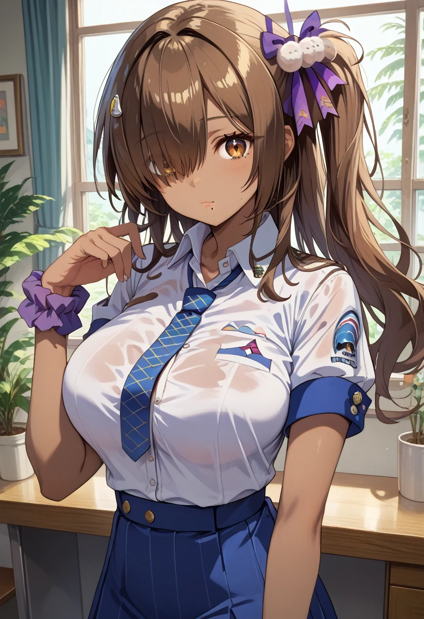 naga (nikke), 1girl, highres, dark-skinned female, large breasts, brown hair, hair over one eye, looking at viewer, long hair, brown eyes, white shirt, short sleeves, side ponytail, absurdres, wrist scrunchie, blue necktie, mole under mouth, collared shirt, hair ornament,score_9, score_8_up,score_7_up, masterpiece, best quality, perfect anatomy, very aesthetic, 8k