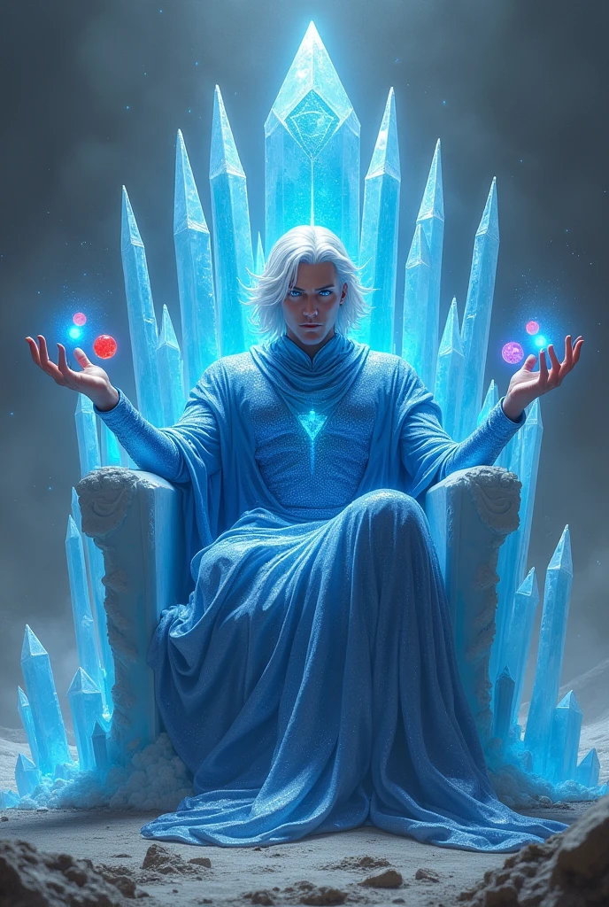 A man with shoulder-length white hair. His eyes are completely blue and lit up like fire. He is sitting on a throne made of crystals emerging from the gray ground.. Her outfit is made of blue crystals. He has his hand open and in it are four small, shiny spheres., of the color blue, rot, purple and white. 