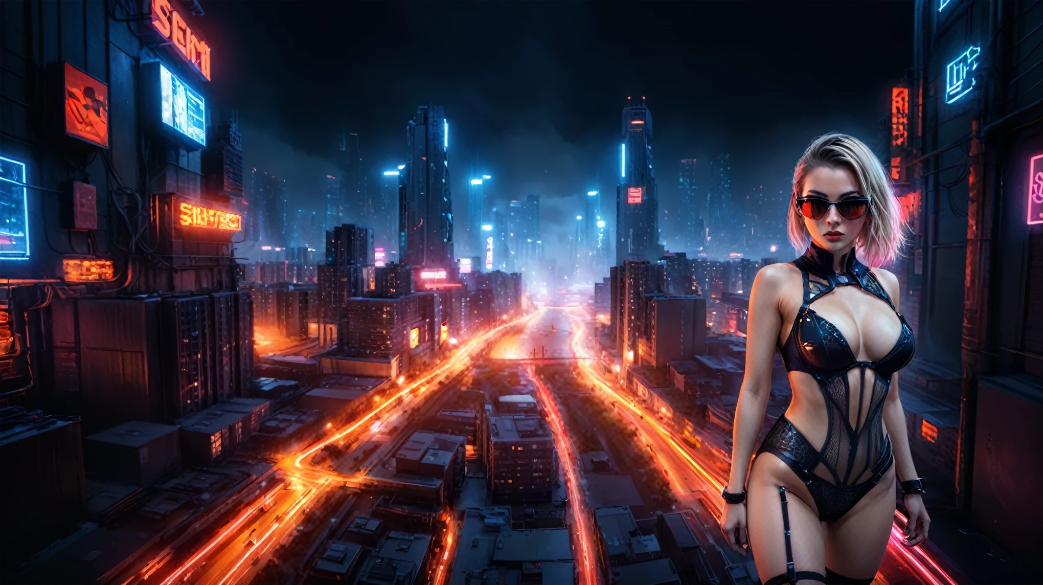 (High view). There's a cyborg woman (8k) wearing a futuristic leotard (best quality) standing in a cyberpunk city alley at night, darksynth aesthetic, red neons, haze, 1drone, foggy night, ultra detailed, photorealistic. At night, (1girl, solo, alone), photorealistic, medium-breast slim:0.6 body, oval:0.5 face, cleavage:1.1, sexy black laced bra, miniskirt, white laced panty, coat, (black micro sunglasses), (holding a short gun), (slightly leaning forward running pose), ((half-body thigh level medium shot)), cinematic lighting, ray tracing, motion blurred background.