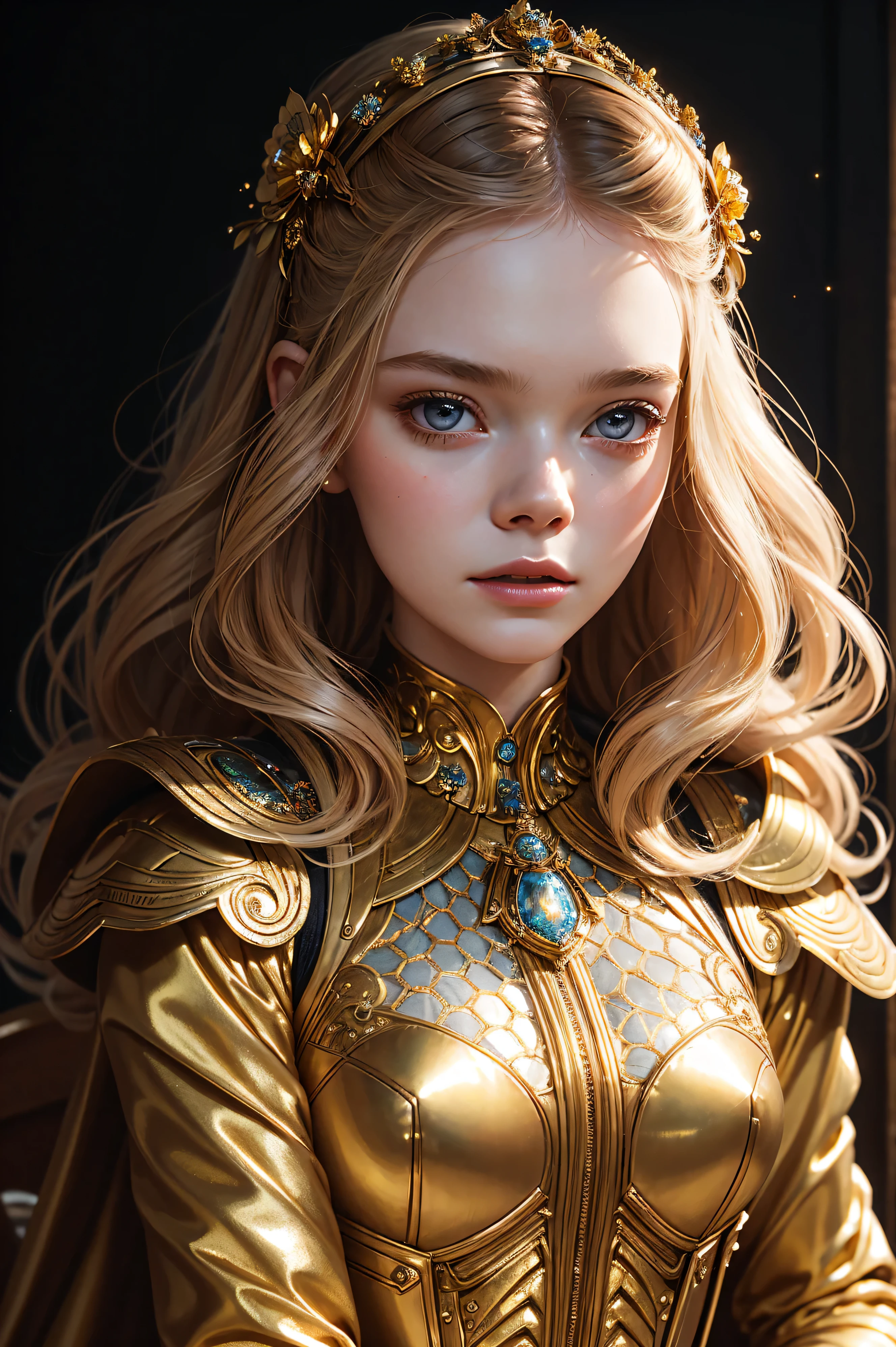 portrait Elle Fanning, wearing sexy bee outfit, against the background of a beehive, 2 0 3 0 s, curly hair, intricate, elegant, highly detailed, digital painting, artstation, concept art, smooth, sharp focus, illustration, art by thomas kindkade, charlie bowater, artgerm, greg rutkowski, alphonse mucha and alexandra fomina, 36k, glittering, shining