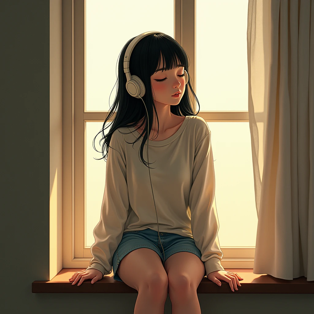 A black-haired girl,Listen to music with headphones on,With eyes closed. sitting on a window sill, She sat with her back to the window,.