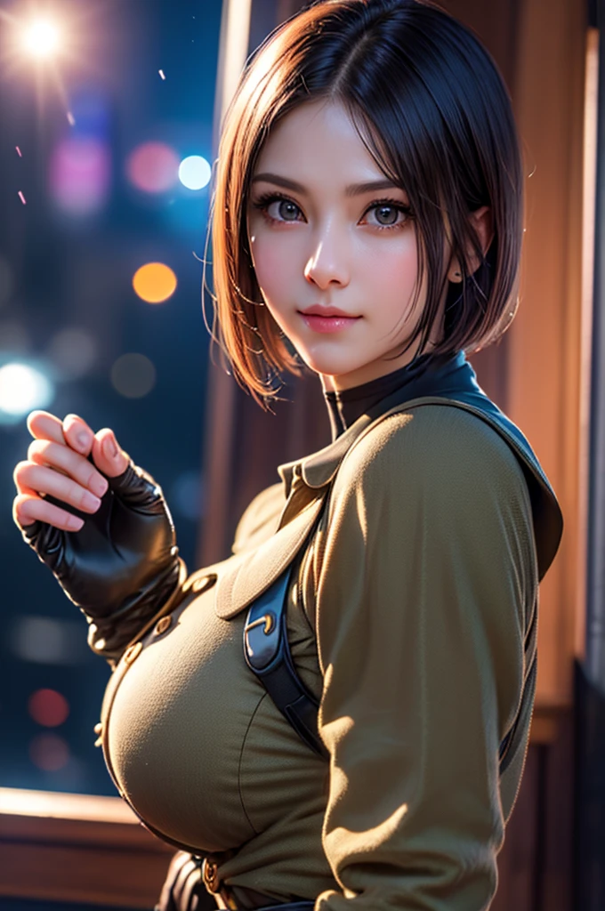 (at night), in a video game scene in the background, a beautiful city at night, raining, alone, standing looking straight ahead, military clothing with military green skirt and pants, black gloves, semi-short hair, ((semi-short hair)), 1 girl, 30 years old, young woman, perfect hands, Beautiful fingers, Beautiful long legs, Beautiful body, Beautiful nose, Beautiful character design, perfect face, looking straight at the viewer with a serious gesture, very upset looking at the viewer, she has a black whip in her hand (focusing on her face), closed mouth, smile_light, official art, extremely detailed CG unity 8k wallpaper, perfect lighting, bright and colorful front lighting, skin glossy (masterpiece: 1.0), (best_quality: 1.0), ultra high resolution, 4k, ultra detailed photography, 8K, hdr, high resolution, nonsense:1.2, Kodak portrait 400, film grain, blurred background, bokeh:1.2 , Lens flare, (vibrant_color:1.2), professional photography, (Beautiful, breasts: 1.4), (Beautiful_face: 1.5), (narrow waist),