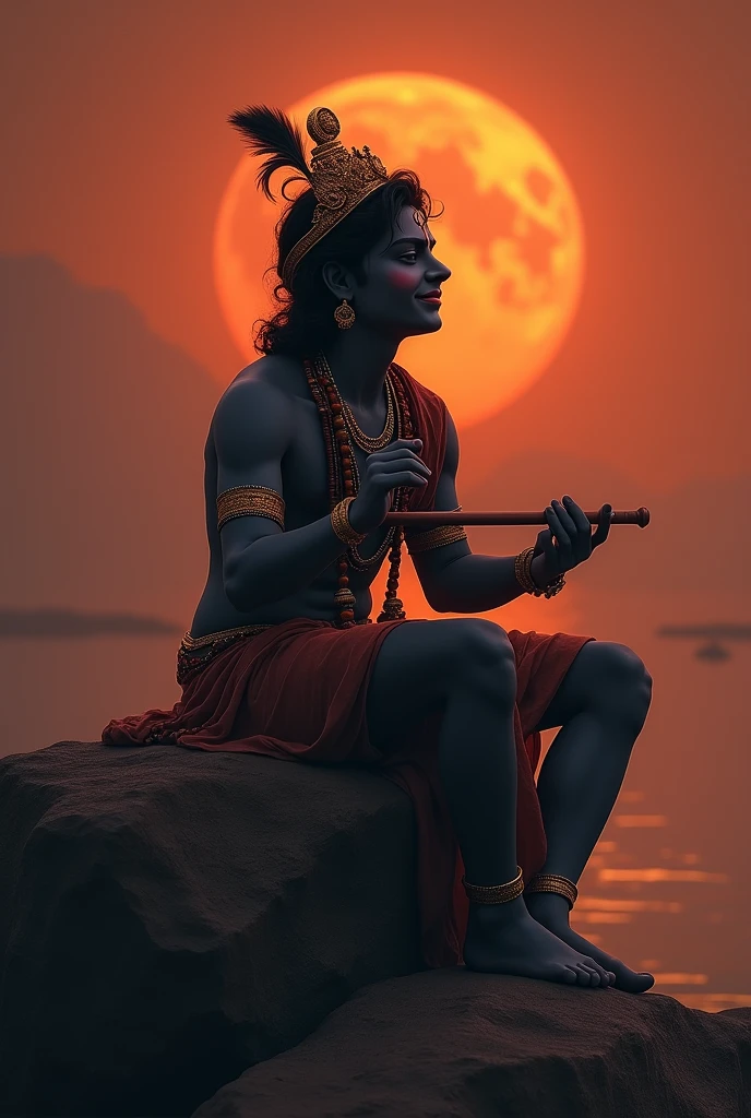 Lord krishna with full. Black tone sittinf on rock in a dusky red hot climate with a smile with a flute
