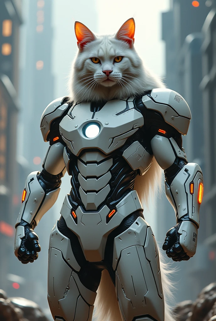 Big white muscular cat in iron man 
costume
