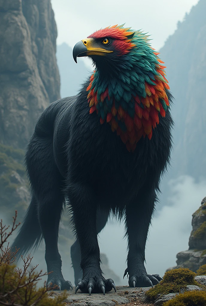 A black dog with a colorful eagle head.