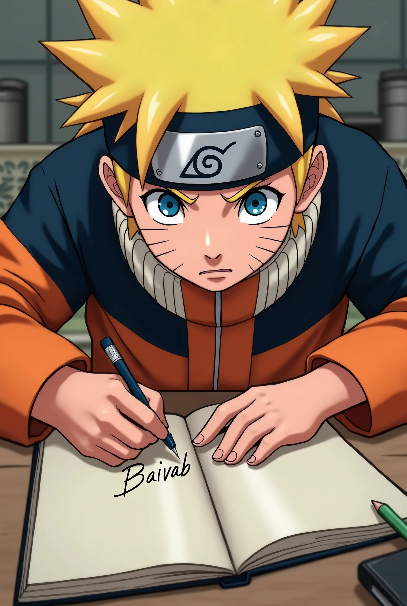 Naruto writting a name Baivab in his copy