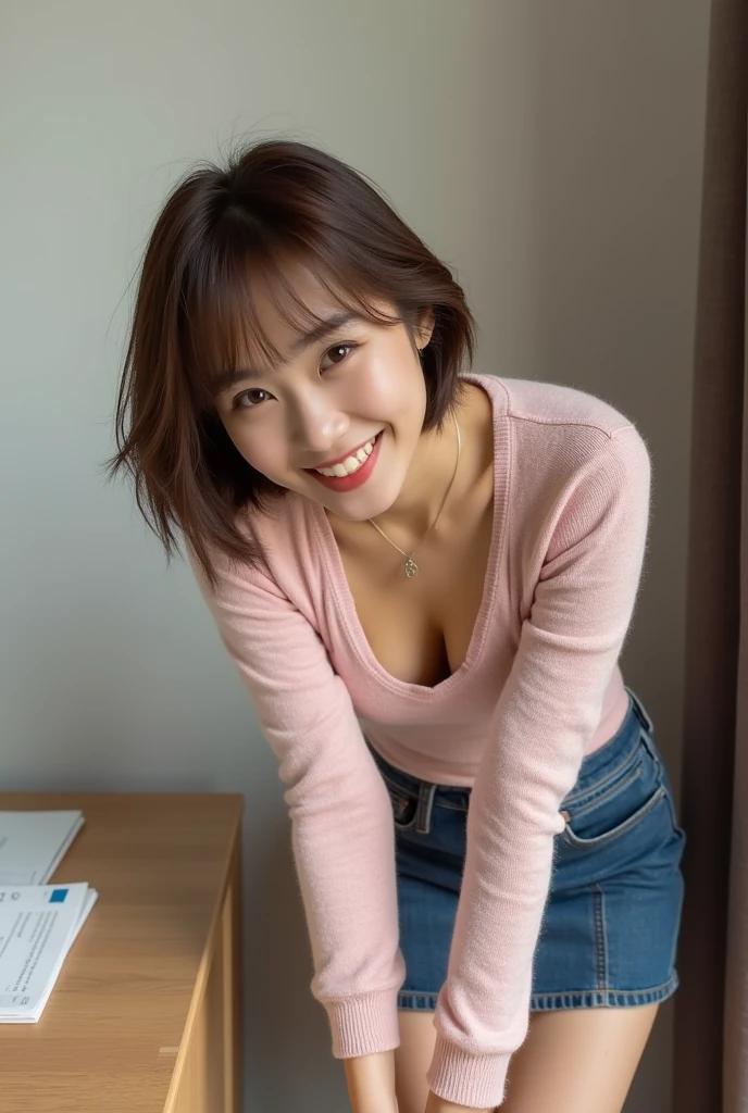 ((Highest quality, 8k, Portraiture: 1.3)), (Viewer Display), Photographic realism, Sharp focus, alone, A very beautiful Japanese office lady、Denim mini skirt、 (Dark pink V-neck sweater、Deep neckline),White bra、evil grin、smiling at viewer、short hair、Gray background、Leaning forward、Front Light、Bend your body,front,top-down view、down blouse, ((Cleavage)),