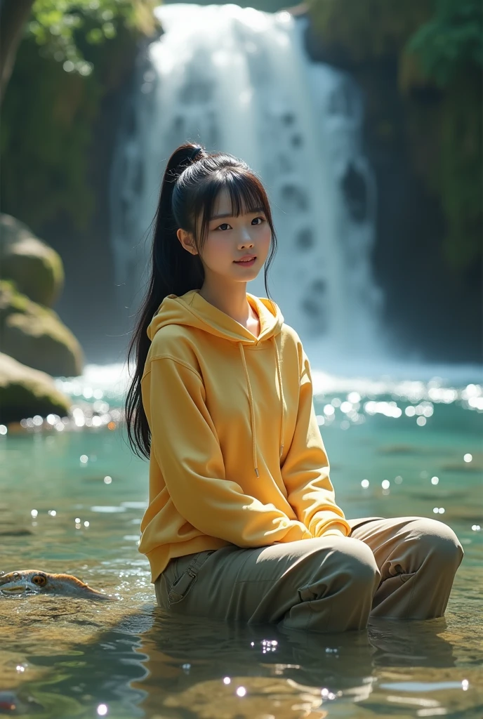 Beautiful Korean girl, white skin, well-groomed face, black hair in a ponytail, thin smile, yellow hoodie, knee-length cargo pants, posing sitting soaking in very clear river water, lots of fish swimming, small rocks covered in green moss, very beautiful waterfall background , original photo