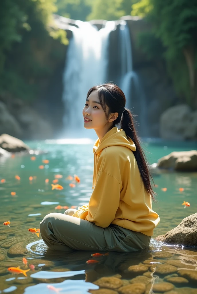 Beautiful Korean girl, white skin, well-groomed face, black hair in a ponytail, thin smile, yellow hoodie, knee-length cargo pants, posing sitting soaking in very clear river water, lots of fish swimming, small rocks covered in green moss, very beautiful waterfall background , original photo