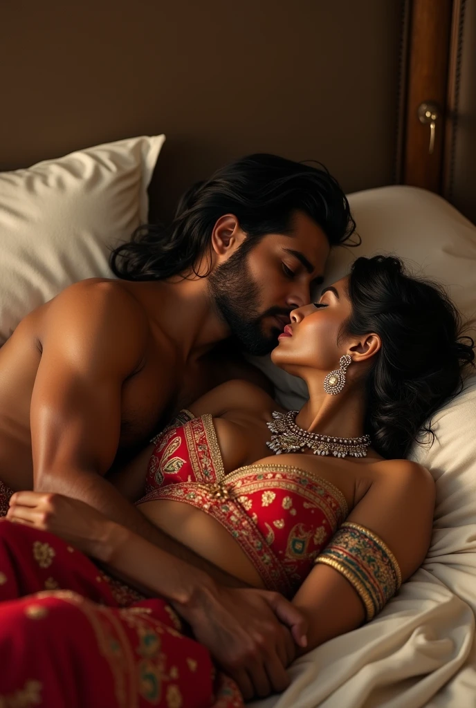 Beautiful princess in indian red gold plated lahenga, necklace, jewelry, hair accessories sleeping with an ancient indian handsome king in Dhoti and no upper garment, ancient indian male jewelry and neck length hair with ancient indian male hair accessories