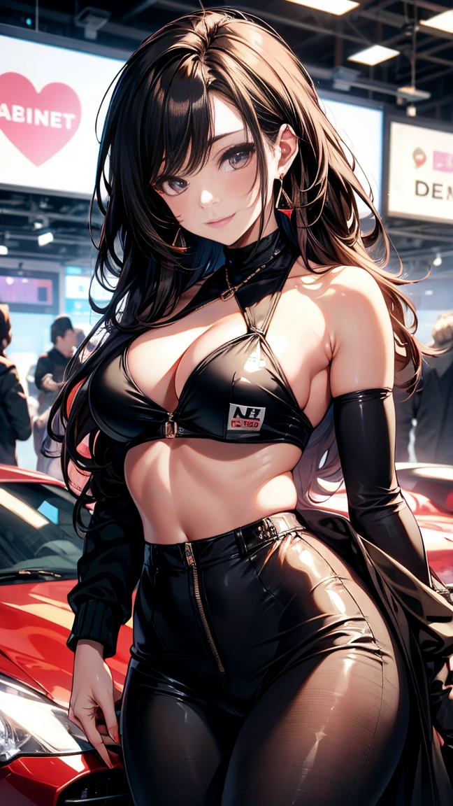 ((Highest quality)), ((masterpiece)), (detailed), Perfect Face, ((Highest quality, 8k, masterpiece: 1.3)), Sharp focus Beautiful woman with perfect body, Slim abdomen, Highly detailed face and skin texture, detailedな目, double eyelid, smile, Black Hair, Heart Earrings, Race Queen, FI turns around, background (Become a car), Race Queenコスチューム, Sunburned skin, Brown Skin