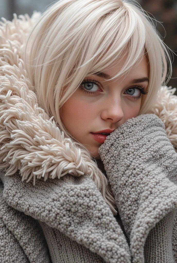RAW photo, best quality, masterpiece, photorealistic, Polish girl, 20 years old, full body, black hair, Light grey eyes, short bob cut, hair in 7 thirds, hair over one ear, Detailed Skin, Detailed face, Big Breasts, rip gloss, Gel Nails, Detailed finger