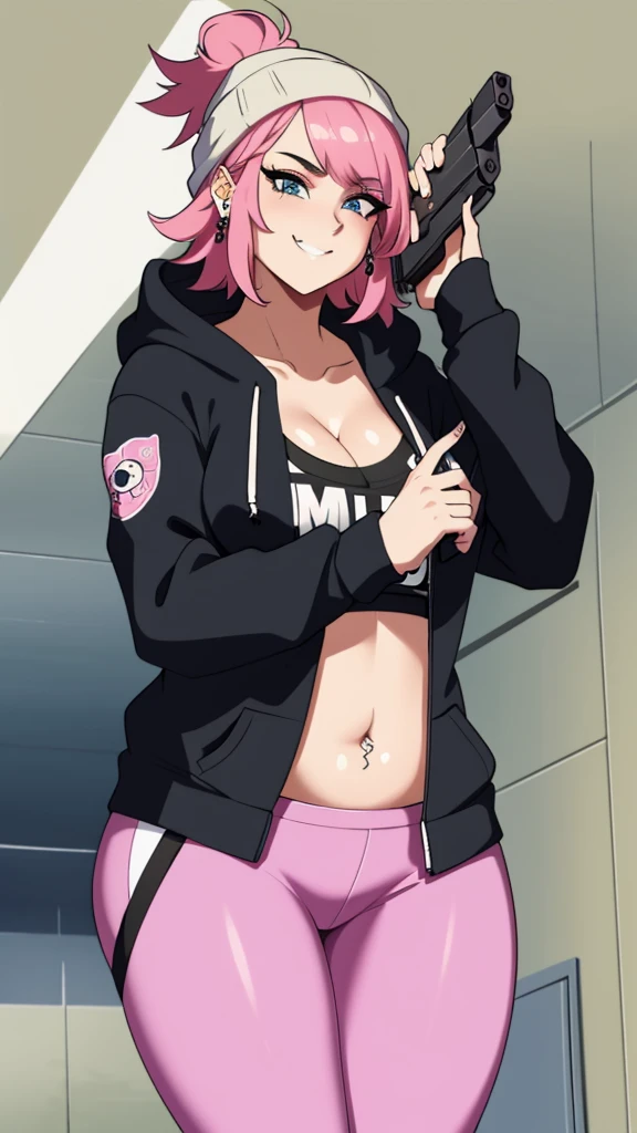 1 girl, tall chubby woman. In a university. Short messy pink hair. Wearing a beanie. Wearing a cozy plaid hoodie, cleavage. Wearing leggings. Holding a gun. Many piercings and tattoos. Eyeliner, baggy eyes. Mature, tall. Smirking, happy,. ImAHealerButMeme