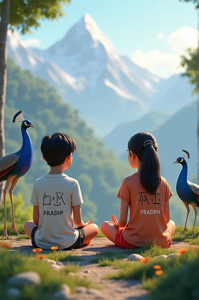 Create a 3D image of 2 nepali devotional boy and 20 years old nepali devotional girl , Who is sitting next to Krishna ji and Kristen ji playing the flute, they both sit together on the mountain boy wearing T-shirt name Pradip written on it and girl wearing T-shirt name Tunisha written on it, haven like beautiful view background, peacock dancing, realistic image and boy and girl is in barefoot