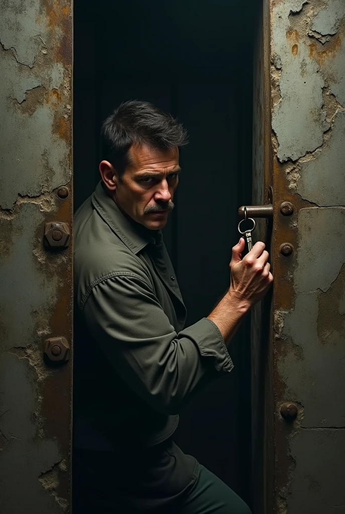 A man trying to open a cell with lock using a key