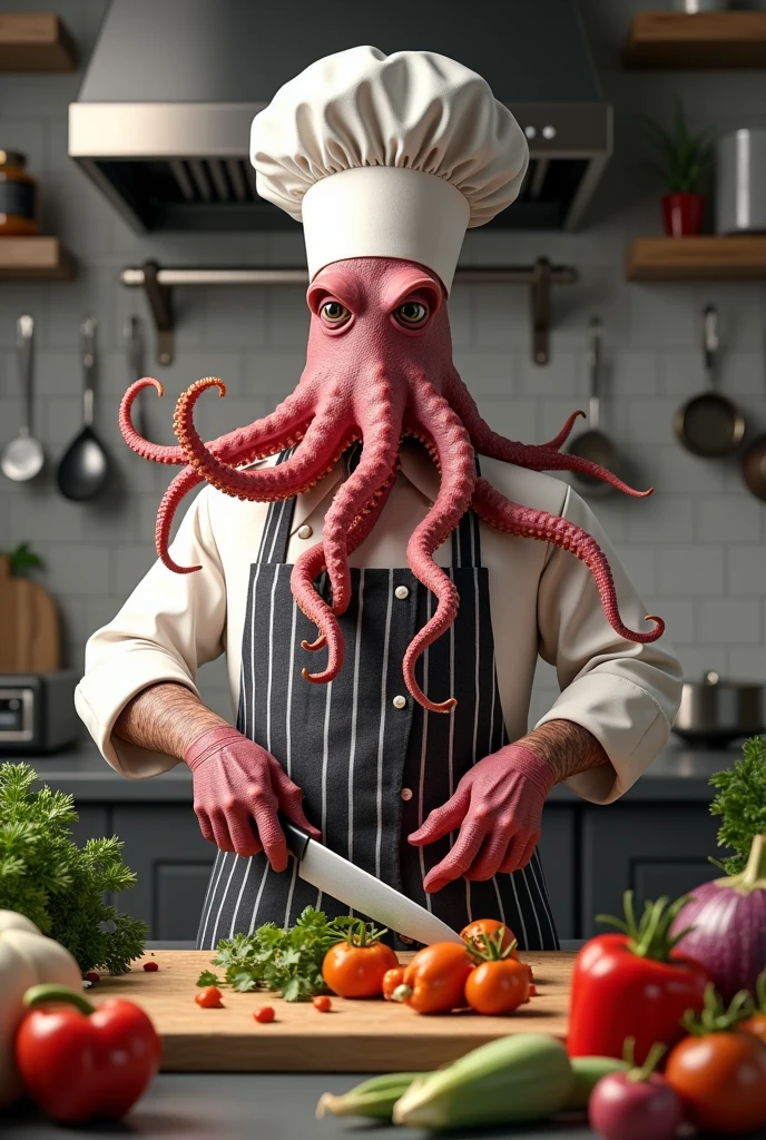 A octopus wearing a chief uniform and with a beard hanging knife and cutting vegitables in the kitchen