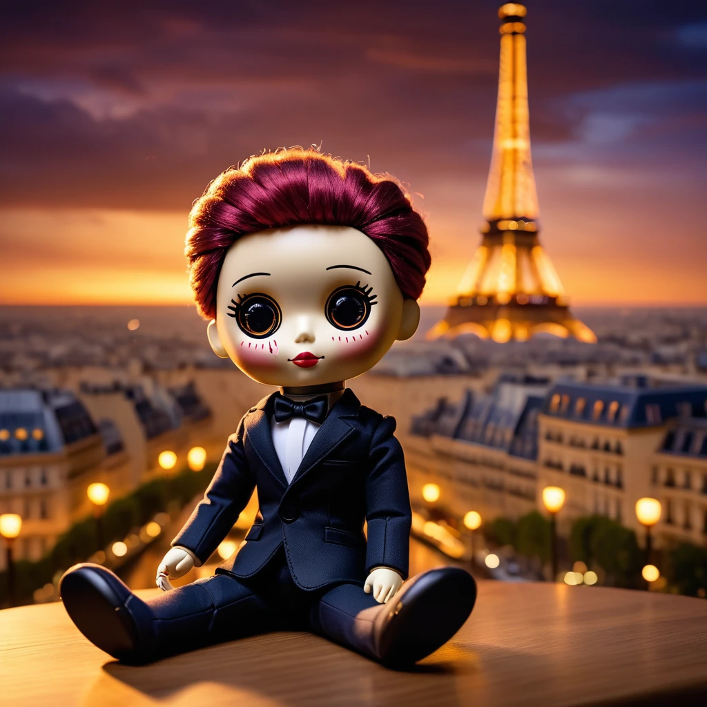 (knitted toy voodoo doll:1.9), (Voodoo Pavel Durov in France:1.2), (Clothing: stylish dark suit with a turtleneck, minimalist design:1.0), (Accessories: tiny glowing smartphone in hand, miniature floating Eiffel Tower:1.7), (background: Parisian cafe with a view of the Eiffel Tower at dusk, ambient lighting casting a warm glow on the stage:1.3), (Lighting: soft, golden light with mystical shades, ethereal glow surrounding the doll:1.2), best quality, masterpiece, detailed soft oil painting, detailed background, dramatic cinematic lighting, soft edge lighting, professional, dramatic lighting, hard edge lighting, ultra quality, 4k,masterpiece, best quality, 8k, ultra highres, highres, extremely detailed