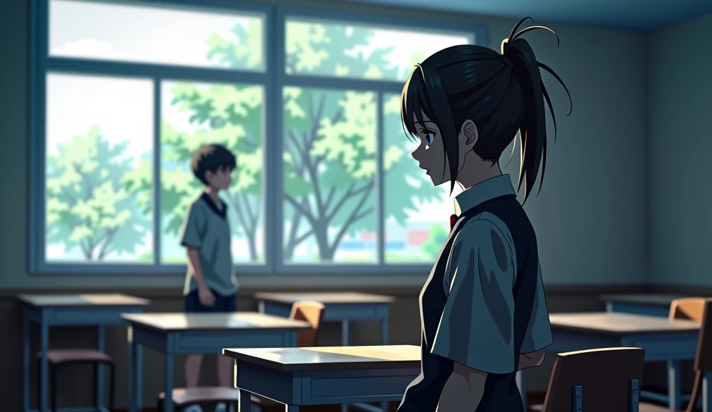 School classroom、Mao looking out the window、Haruki is outside