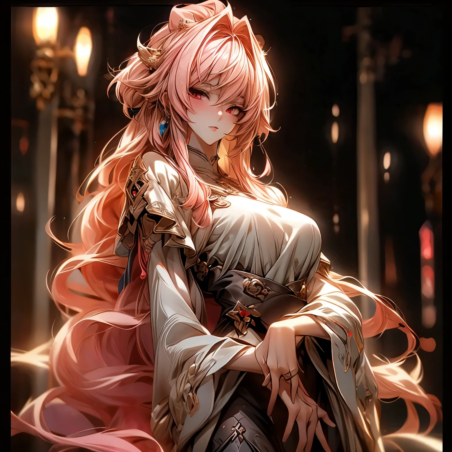 (best quality)), ((Masterpiece)), (details:1.4), 3d, HDR (high dynamic range), an image of a beautiful cyberpunk female, fantasy, pink hair, Sleek style, Curtain Bangs, Red eyes, จมูกโด่ง, ปากแดง, หน้าอกใหญ่, nvidia RTX, PBR surface, After processing, Anisotropic filtration,depth of field, Maximum clarity and clarity, multi-layered surface, Subsurface scattering, perfect proportions, 8K raw files, ultra detailed, Perfect proportions, volumetric lighting, soft lighting, Holy Paladin, Heavy black Armor, glossy skin, chapel background, jewely, ต่างหู, นิ้วมือสมบูรณ์,