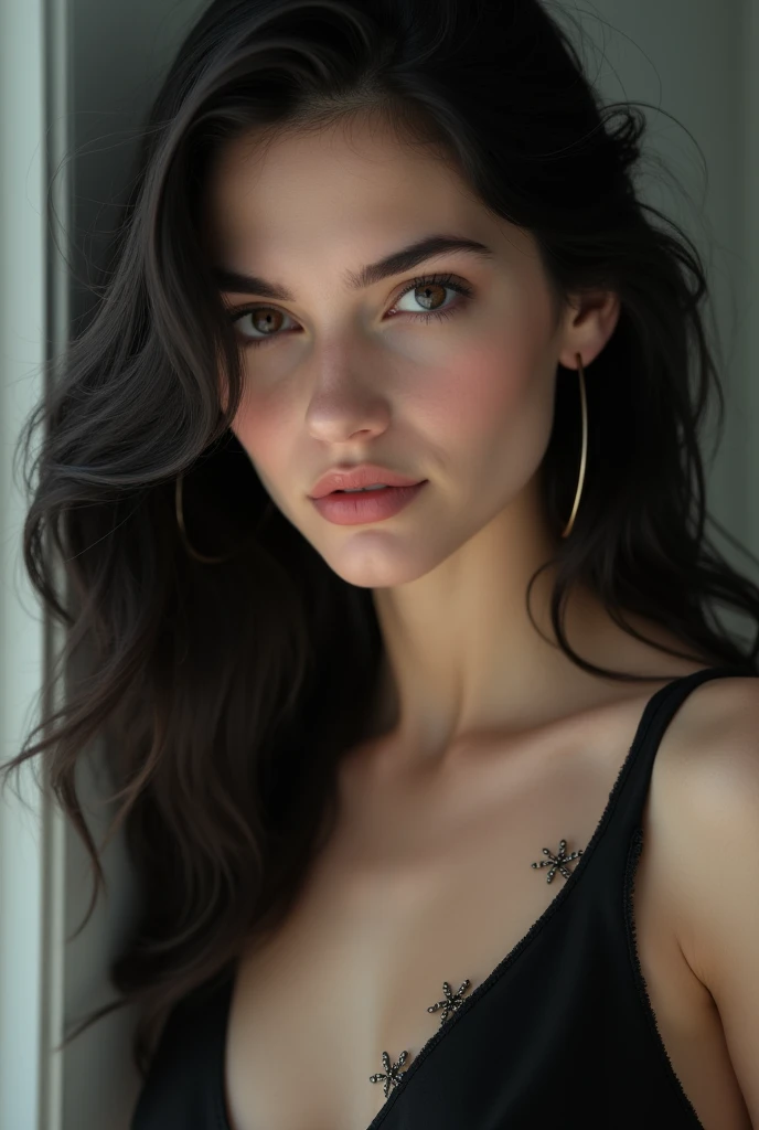 beautiful young girl, dark hair, White skin, in black heels