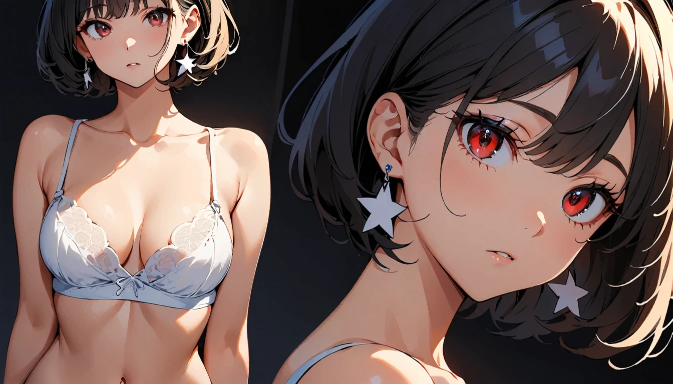 quality, 8k, 4K, High Contrast, masterpiece:1.2, 最high quality, Best aesthetics), ((1 female)),(((Crouching))), bright eyeshadow,((extra short hair)),((naked)), (Dark Room Background), (Beige lace bra), ()下半身はnaked, Female genitals in full view,Pubic hair grows thinly, Transparent Background, (Staring at me), Sleepy eyes, High Contrast, Contrasting colors, Black Hair, Red eyes,, Small star-shaped earrings in both ears, ((low angle shot)),Grown-up face