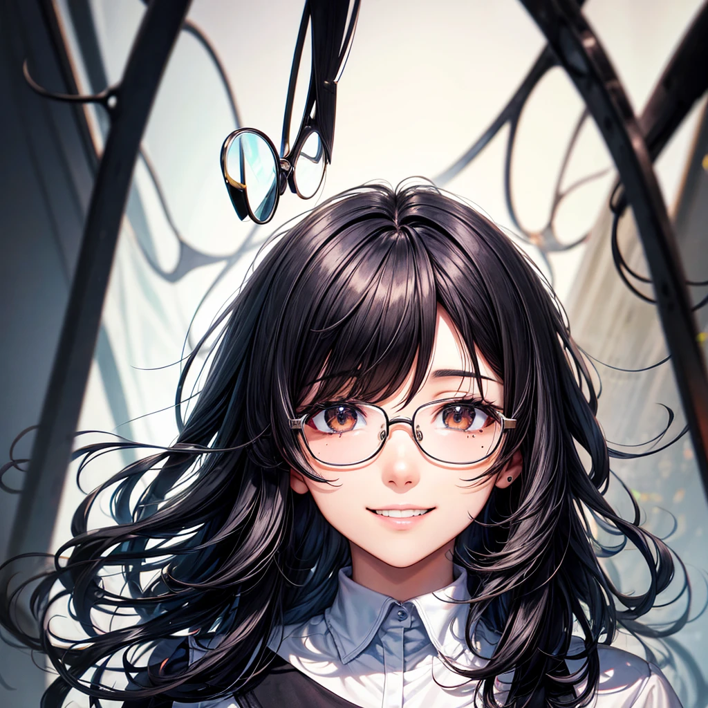 Medium Hair, Black Hair, smiling, Droopy eyes, Anxious, Simple Background, Mole at the corner of the mouth, Background blur, Glasses、Futuristic, 