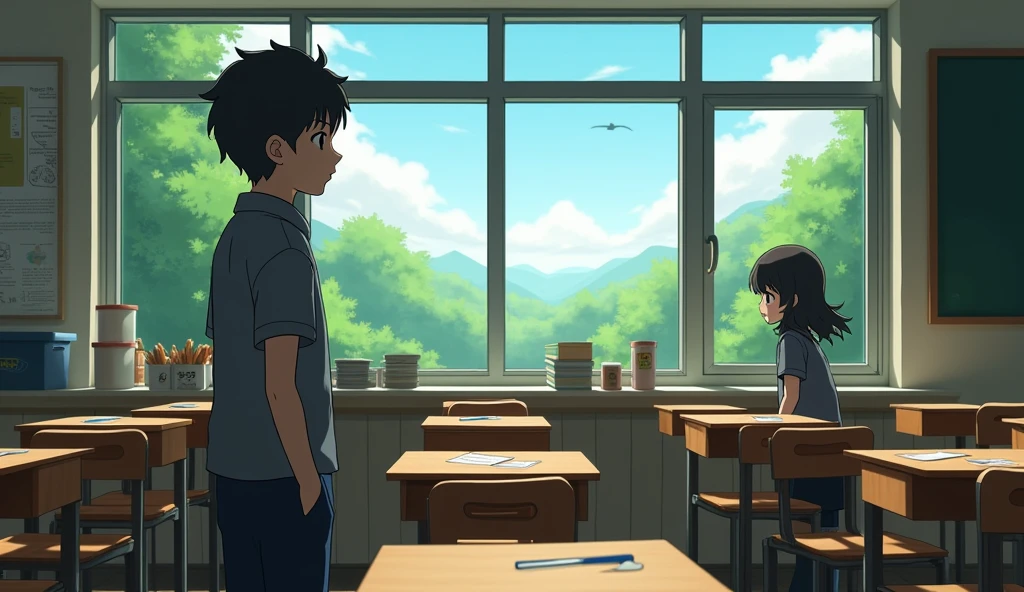 School classroom, Mao looking out the window, Haruki outside
