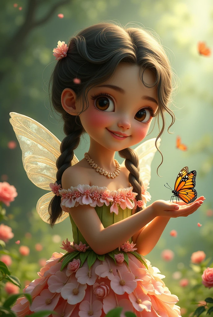 Style fée une de métisse avec les yeux marrons qui sourit. Un papillon est posé sur sa main. Elle porte une robe de pétales de fleurs dans les tons roses et verts. Des fleurs sont visibles et des animaux. Elle a les cheveux tres bouclés et a deux tresses collées. Elle a des ailes dans le dos.