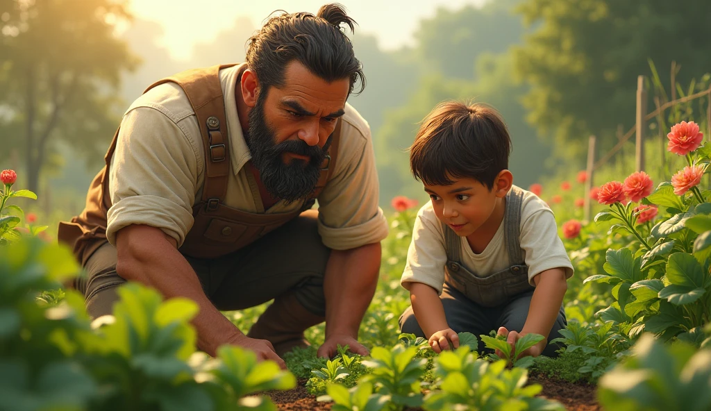 Big brother working field garden then garden is grow well grow garden well beautiful help of his older brother