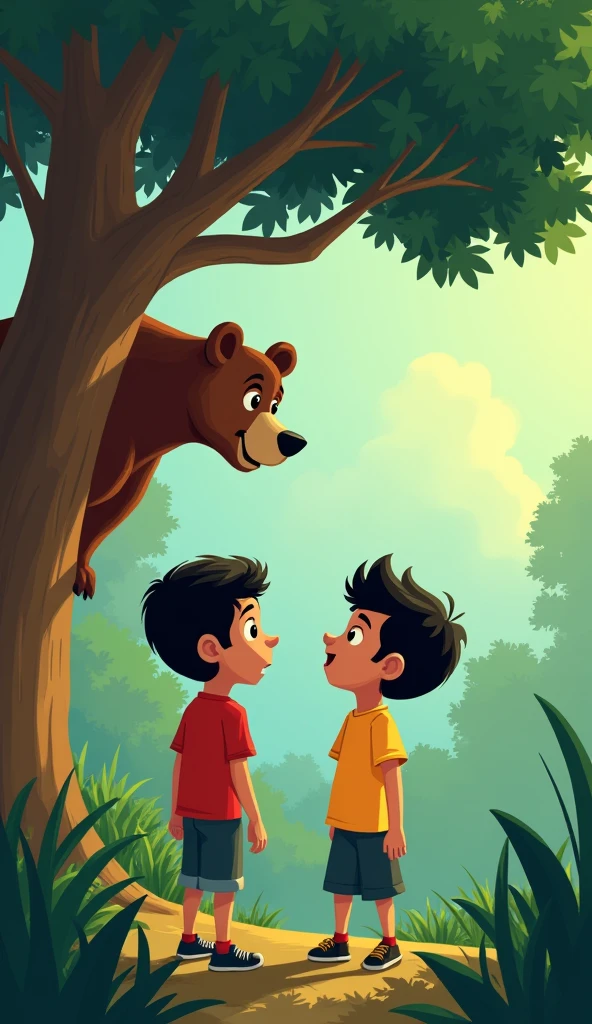In the style of viral cartoon digital illustration in 4K quality, Rahul and Mohan went for a walk in the jungle. Then suddenly they saw a bear! Friends got scared and climbed the tree.