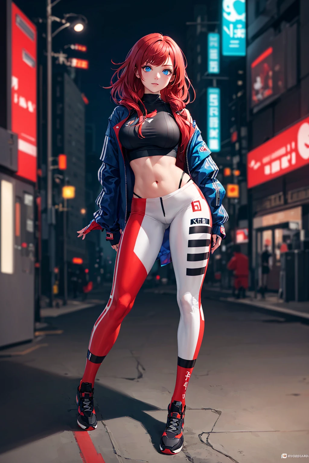 high quality, subsurface scattering, chromatic lighting,
colorized, red + white limited color palette,
detailed concept drawing,
Street girl, cyberpunk, futuristic, full body, no weird things or color on her face,
portrait, 20yo 1girl, medium soft breasts, slender, crop top, jacket, combat pants, long red hair, blue eyes, posing