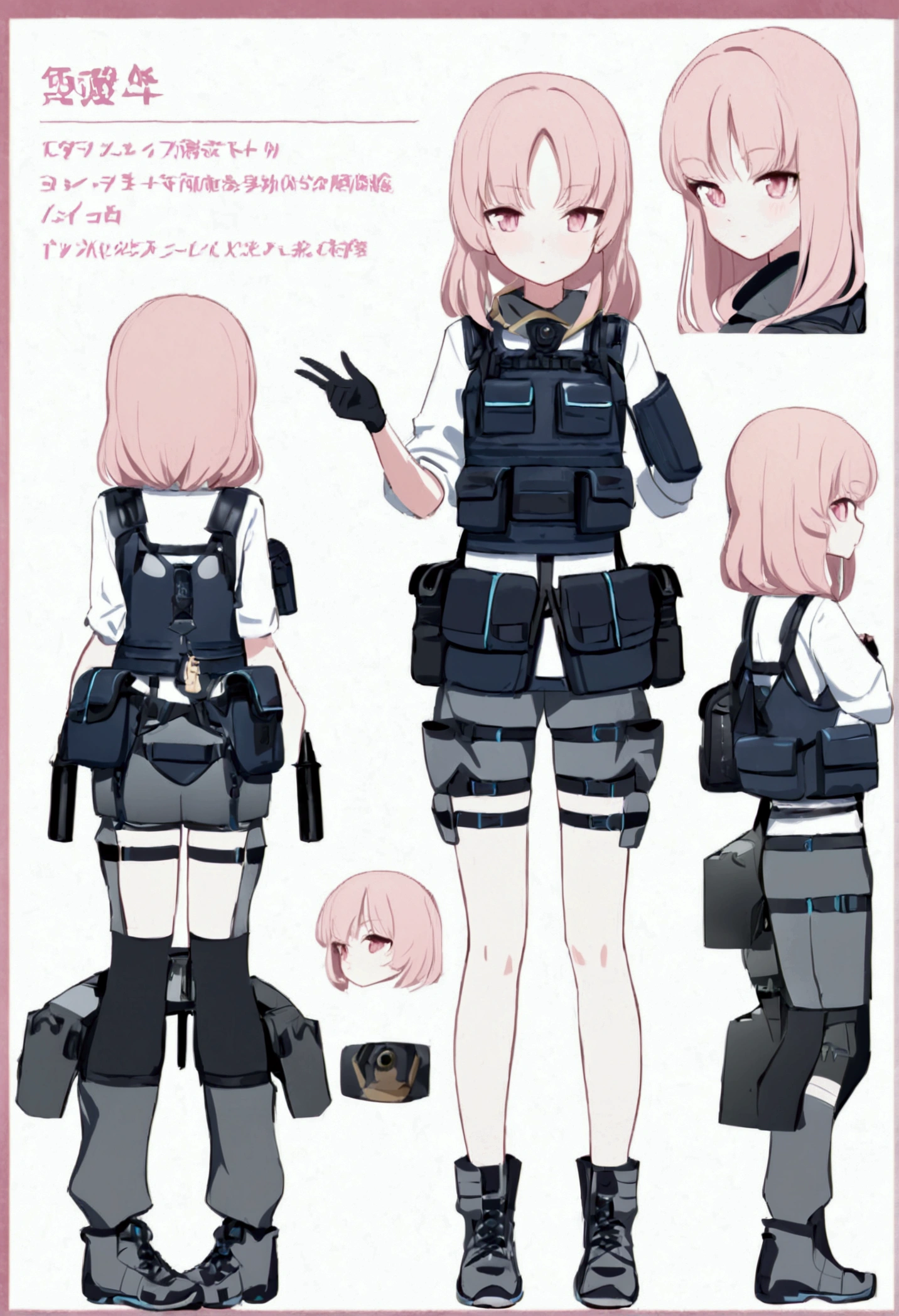 A standing girl, cute, 1girl, , four-view blueprint, diagonal, front, back, side, 5-head proportions, character sheet, full body, simple background, four perspectives, tactical equipment, bulletproof vest