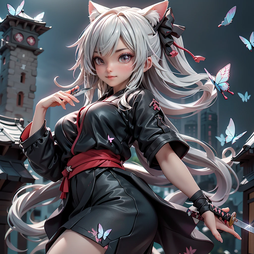 (On the roof of the castle), (knifeを持ったアニメキャラクター), Amazing anime 8k, Very beautiful cyberpunk samurai, Anime Style 4k, Demon slayer, ((Butterfly Ninja 1.2)), she is holding a knife sword, knife, Artjam and Athi Gairan, dramatic wielding knife pose, Lostrun 8k, unsheathing her knife, Cat ear, Silver Hair, ((3DCG)), (3D Rendering), A fascinating body, Energetic, Large Breasts, A seductive smile, moving line, 