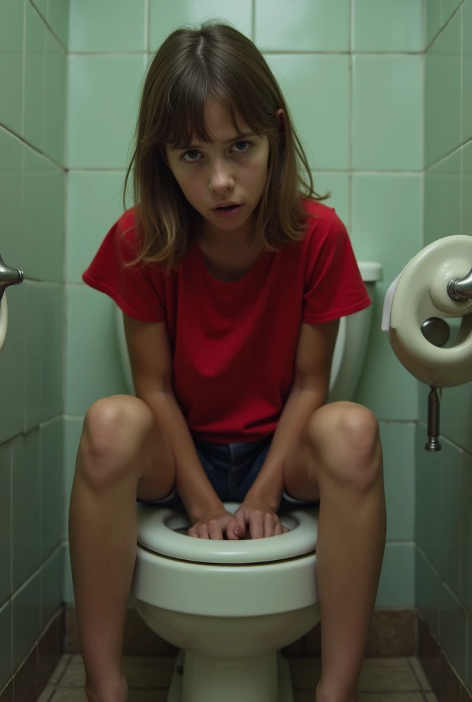 A girl sitting on commode,, wearing red shirt,  no trouser, straining for stool,