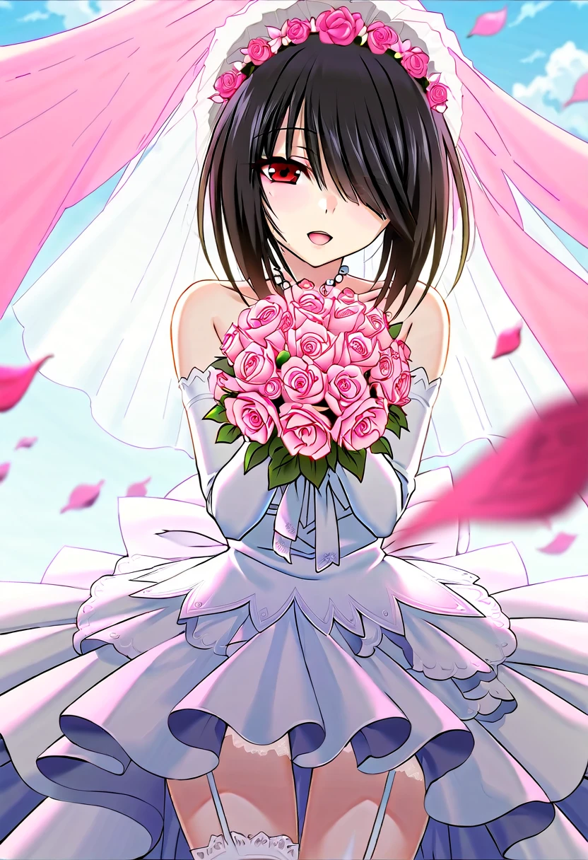 tokisaki kurumi,((masterpiece)),(((best quality))),((ultra-detailed)),((illustration)),((disheveled hair)),((frills)),(1 girl),(solo),Blue_sky,Bouquet,cherry_blossoms,Falling_petals,flower,Looking_at_peeping at the viewer,Open_Mouth,petals,Pink_flower,Pink_Rose,Rose_petals,standing,Rating:safe,Wedding_dress,Wedding,Bride,White_dress,  hair over one eye, 