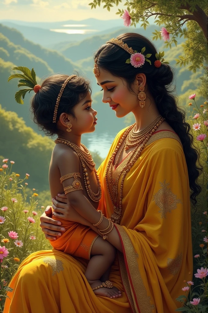 Lord krishna, hindu god, with her mother,